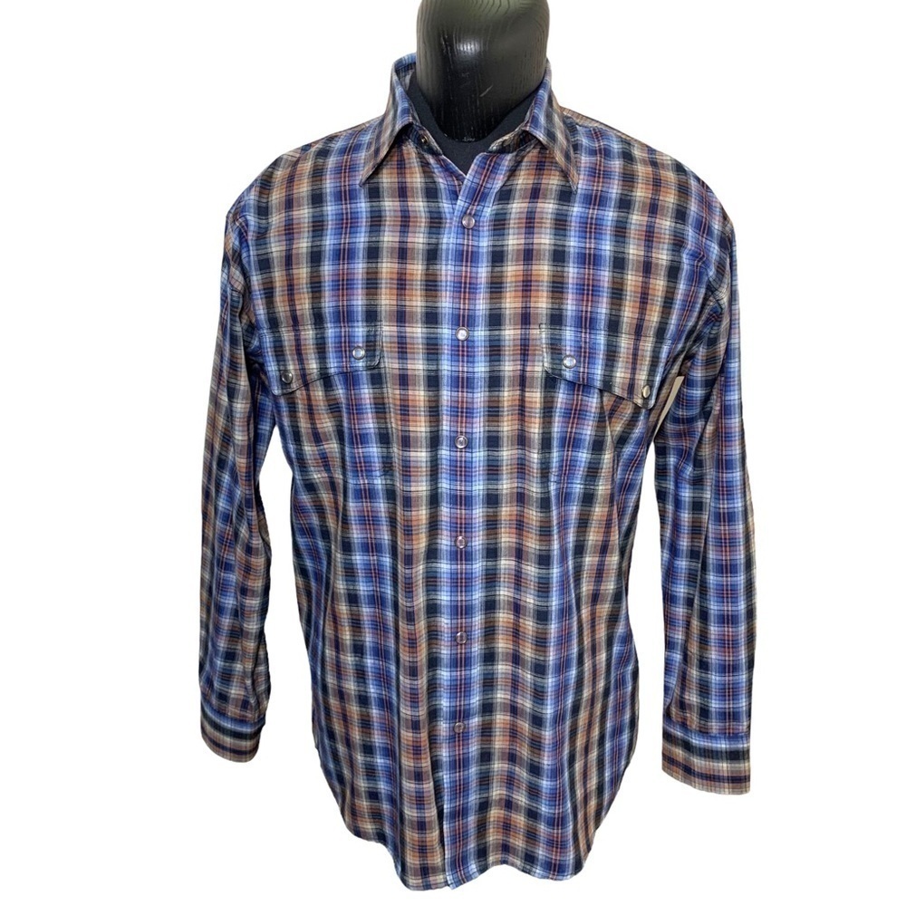 𝅺Leo Chevalier Design Western Plaid Button Up Shirt Clear Snap Sz M Blue Brown